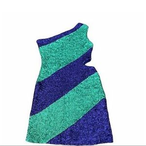 BEBE Sequined Turquoise/Blue One Shoulder Dress